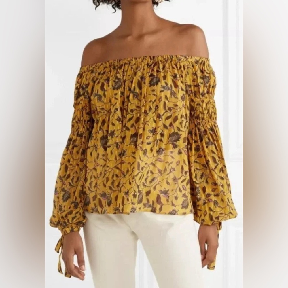 Ulla Johnson sz 8 Floral Off-Shoulder Yellow Top cotton viscose blouse metallic